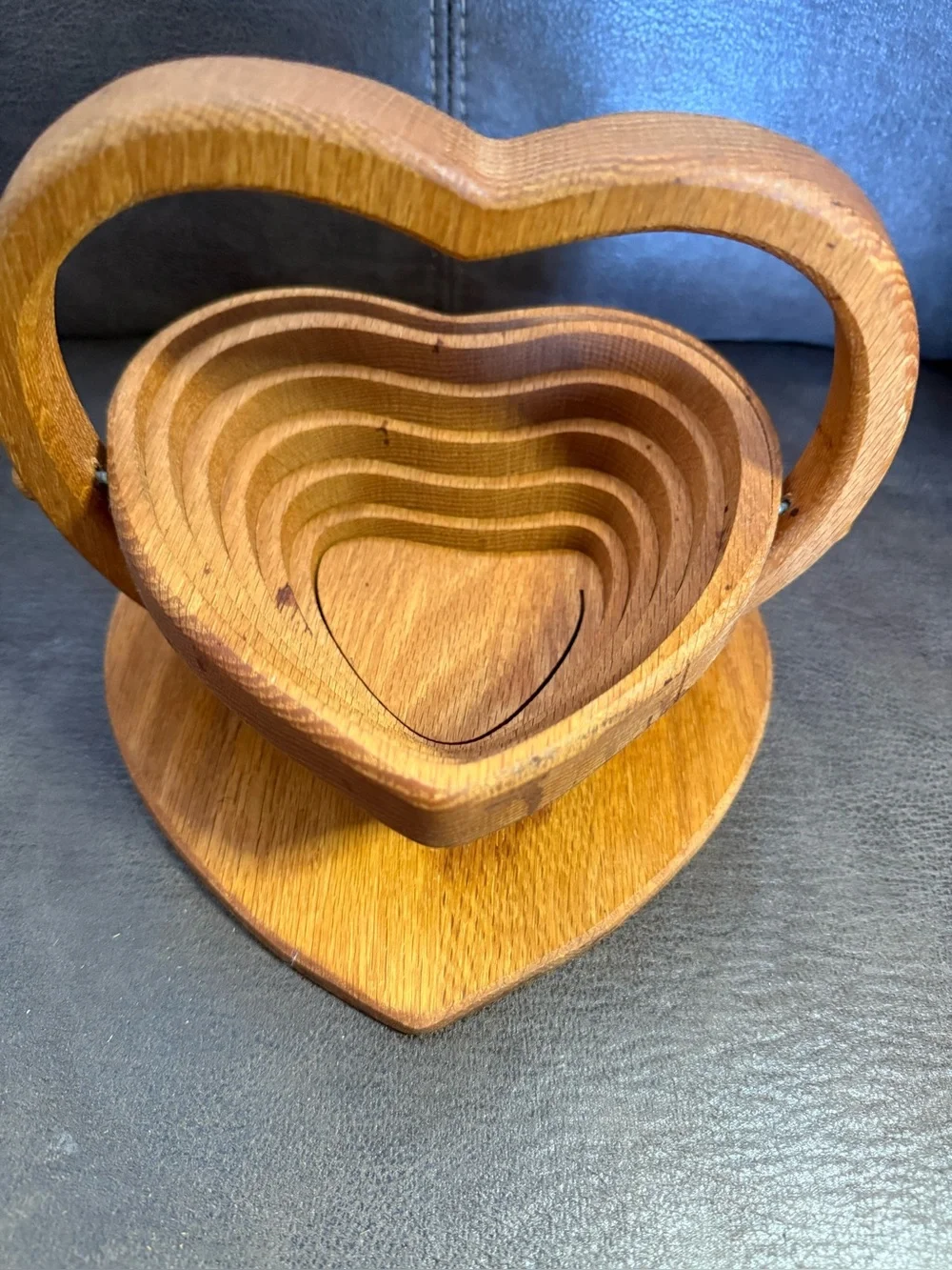Vtg Heart Shape Basket/Bowl Collapsible HandMade Oak Wooden Decor 10”